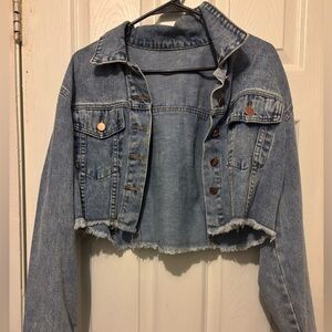 SHEIN Blue Frayed Hem Jean Jacket